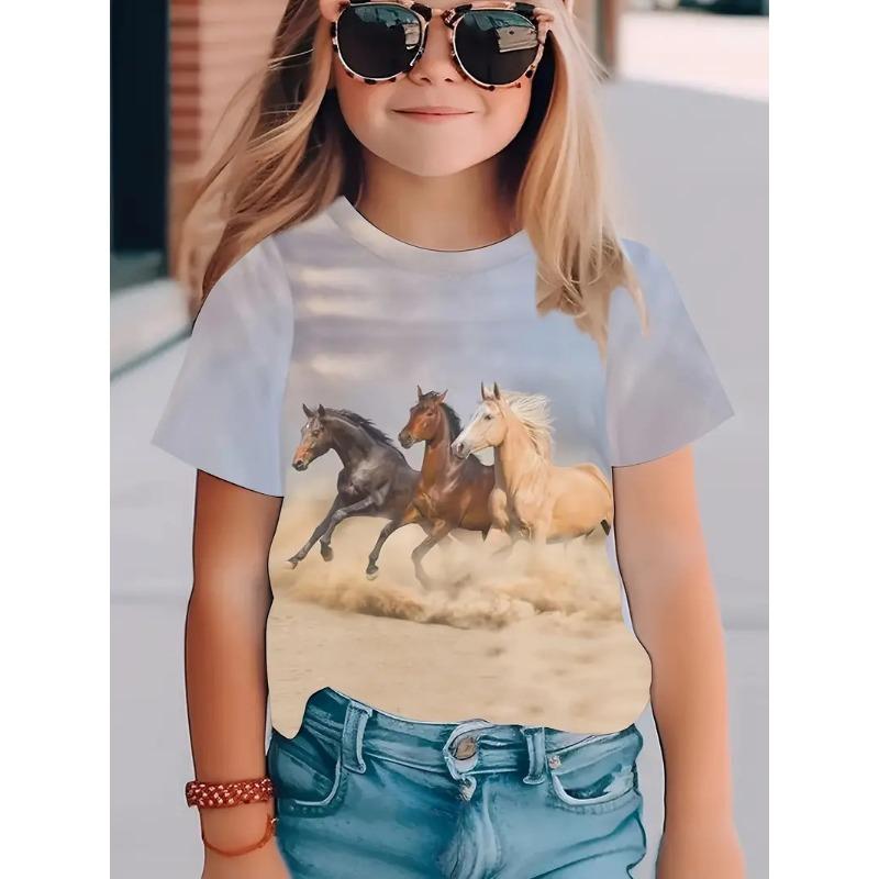 Новая мультяшная футболка детская футболка с коротким рукавом свободная повседневная с рисунком лошади топы для девочек