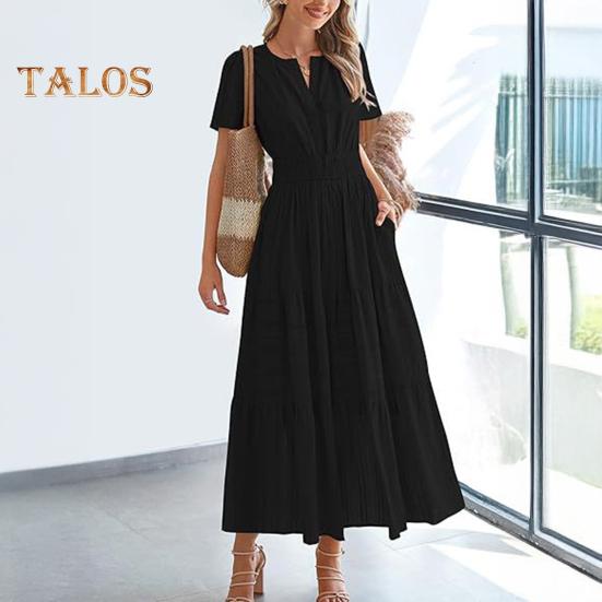 Женское летнее платье макси, повседневное платье с V-образным вырезом, коротким рукавом, многослойное струящееся платье, присборенная талия, плиссированное длинное платье