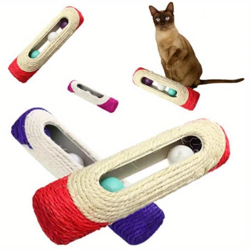 Игрушка для котенка Кошка Длинная катающаяся сизалевая когтеточка Интерактивная игрушка Принадлежности для домашних кошек Игрушка с перьями с 3 роликовыми шариками Цвет случайный