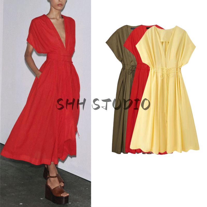 Summer New Product Women's Clothes Cotton Blend V Neck Short Sleeve Pleated Trim Midi Skirt Dress 2965260 2965278