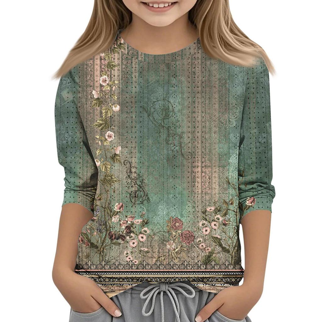 Топы с принтом для девочек 5-16 лет с круглым вырезом и рукавами 3/4 Футболки Модные топы Наряды Футболки