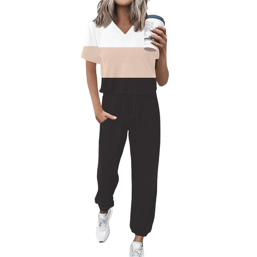 Женский спортивный костюм с V-образным вырезом и коротким рукавом, свободные брюки