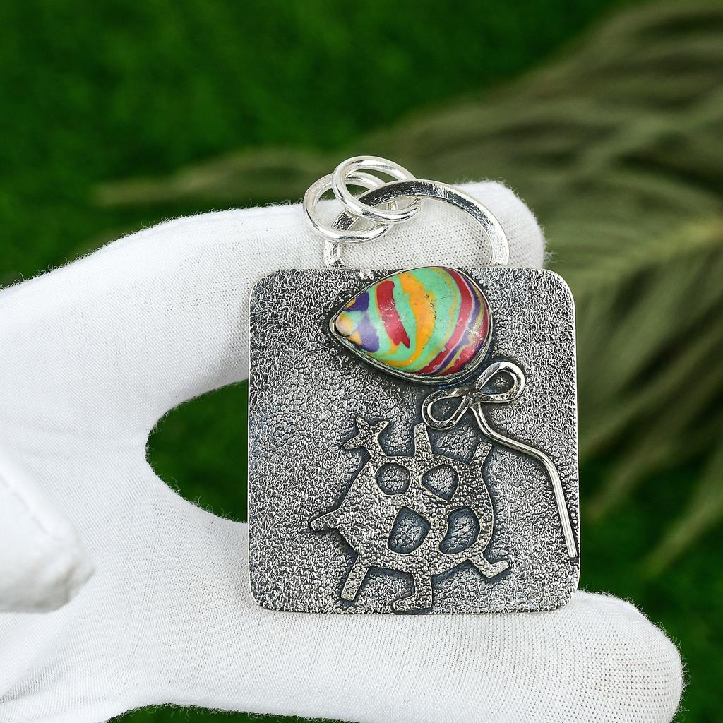 Friendship Day Deal Rainbow Calsilica Stone Sterling Silver Wedding Wife Pendant