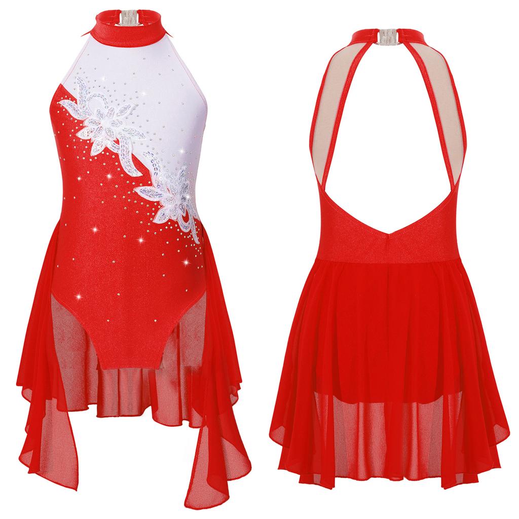 Kids Girls Sleeveless Backless Shiny Rhinestone Sequins Chiffon Dance Dress Gymnastic Skirted Leotard Dance Costume