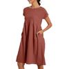 Women's Solid Colour Casual Cotton Linen Dress Short Sleeve Round Neck Pocket Dresses