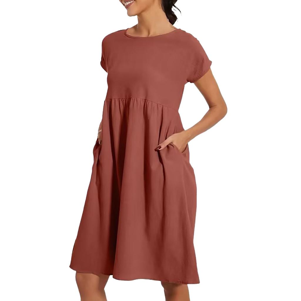 Women's Solid Colour Casual Cotton Linen Dress Short Sleeve Round Neck Pocket Dresses