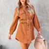 Women Corduroy Dresses Single Breasted Button Long Sleeve Turn Down Collar Solid Color Belt Patchwork Pockets Slim Shirt Dress