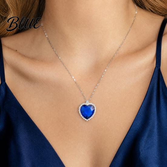 Blue Gemstone Pendant Heart Necklace Faux Diamond Sparkly Romantic Light-reflecting