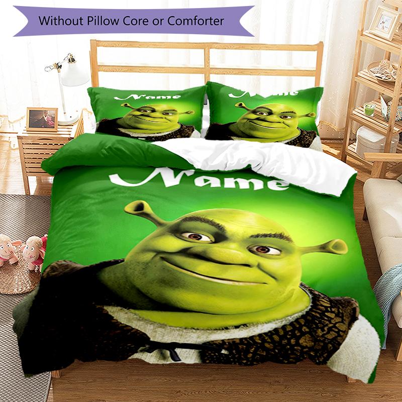 3pcs Custom Name Shrek Bedding Set Duvet Cover Closure Includes 1 Duvet Cover & 2 Pillowcases, Soft and Comfortable for All Seasons.
