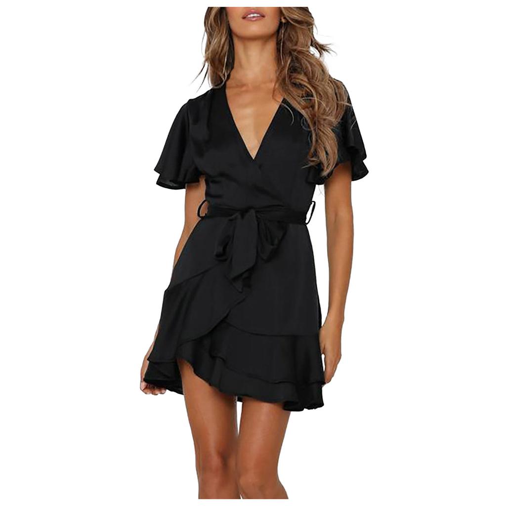 Summer V-Neck Casual Party Waist Wrapped Ruffle Dress Polka Dot Dress Beach Dress  Dress Slim Fit Women'S Belt Dress