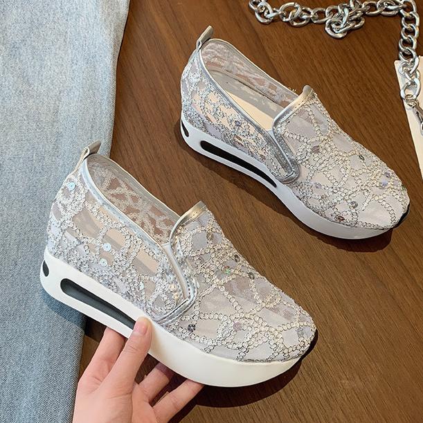 Women Fashion Sneaker Summer Sequin Lace Thick Sole Casual Mesh Round Head Shoes