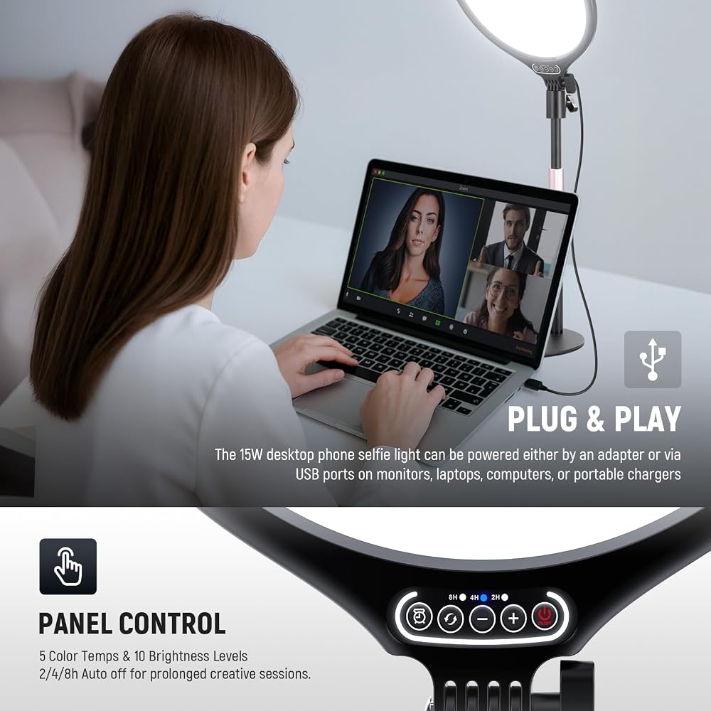 NEEWER BASICS R10 Desktop Ring Light, 10.5-inch 15W LED Video Light, Photography Light with Stand/Smartphone Holder/Timer, Dimmable, 3000-6500K, 880lx