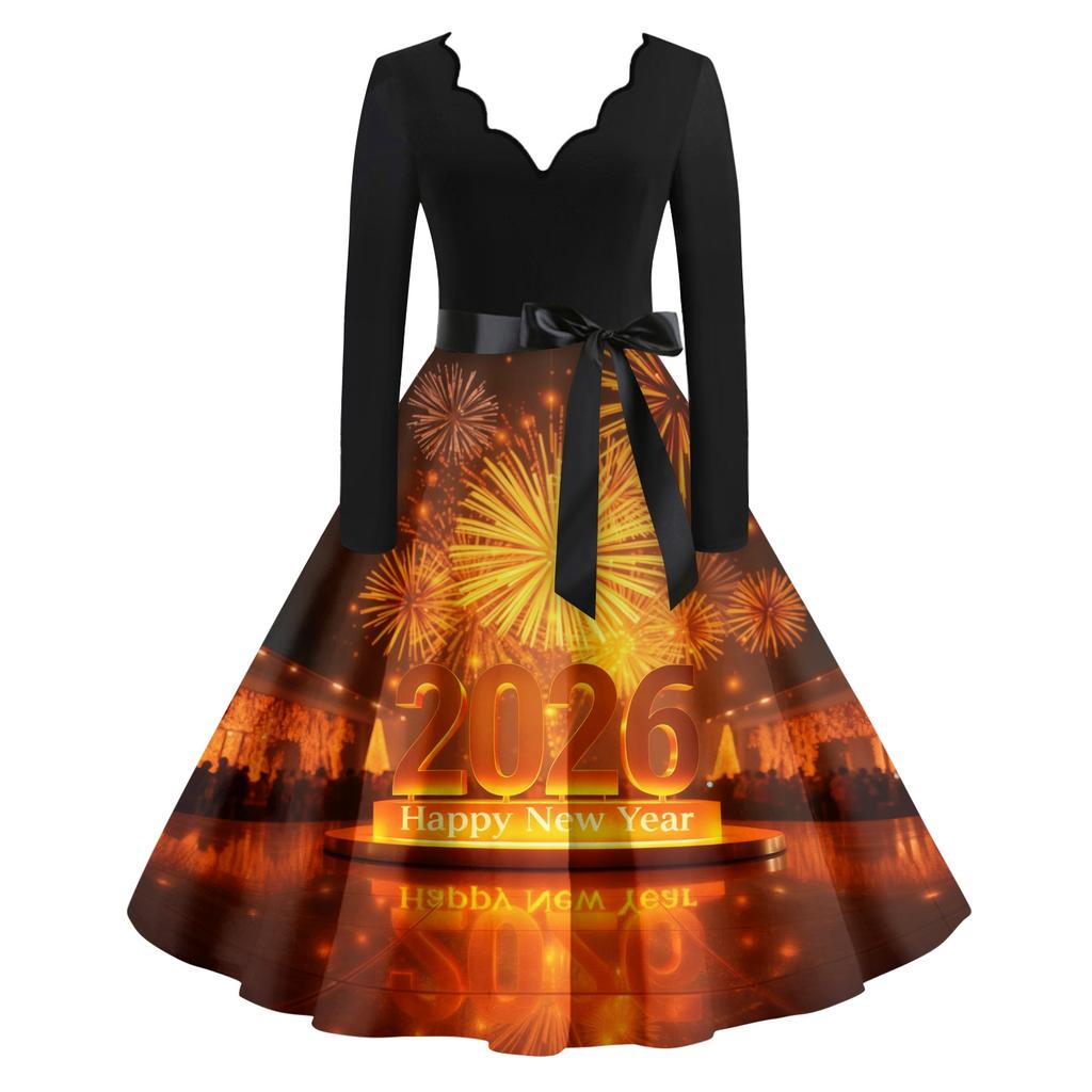 Женское повседневное модное платье винтажного стиля с V-образным вырезом и новогодним принтом