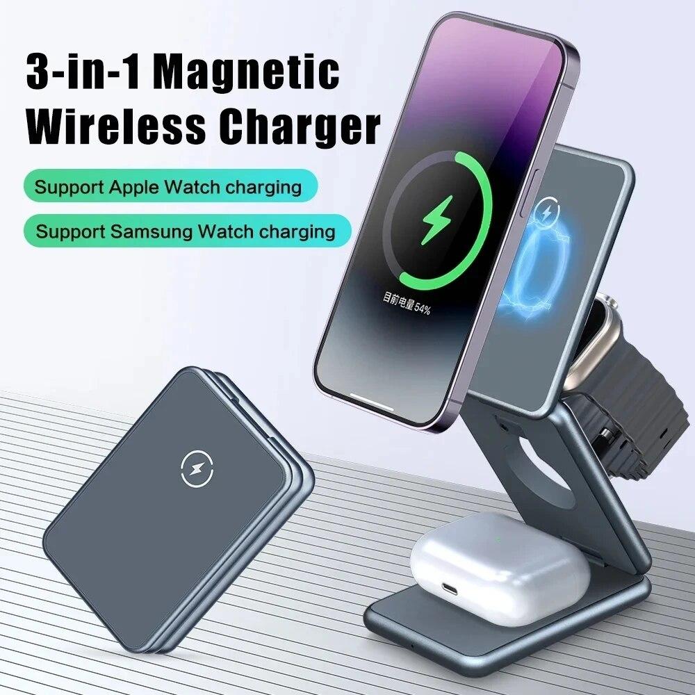 15W Magnetic Wireless Charger Stand For Apple Samsung Galaxy Watch iPhone 14 13 12 Pro Max 3 In 1 Foldable Fast Charging Station
