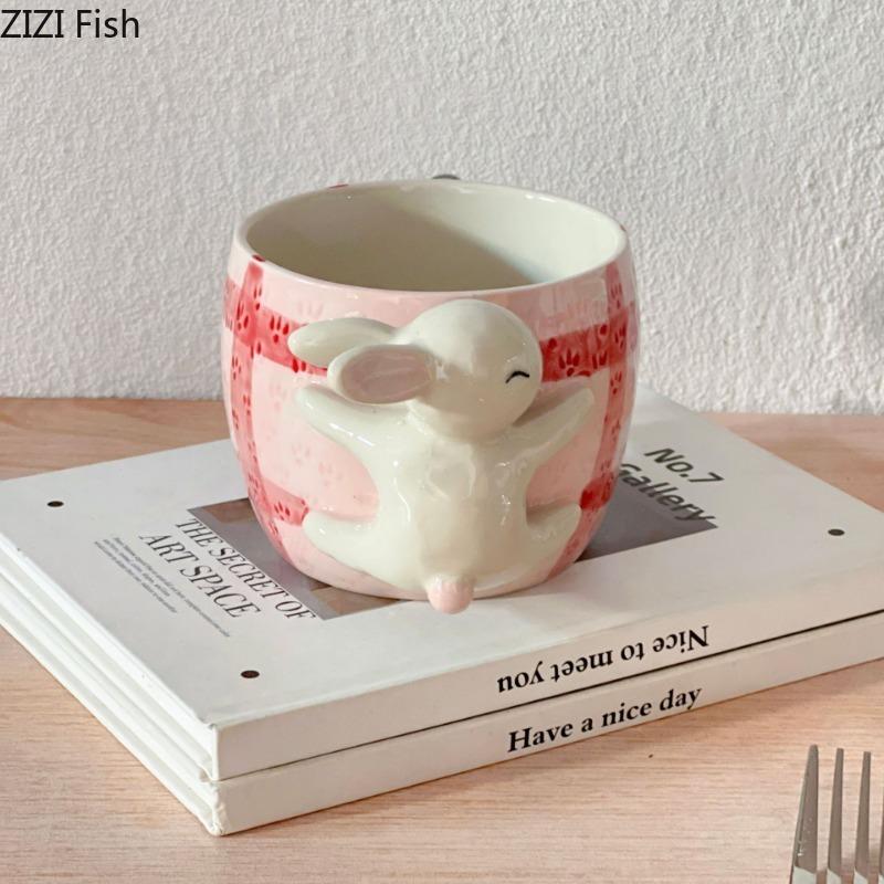 BR450ml Ceramic Hand-painted Coffee Cup Set Japanese Cute Hug Rabbit Three-dimensional Cup with Dish Children's Beverage Water CupEY
