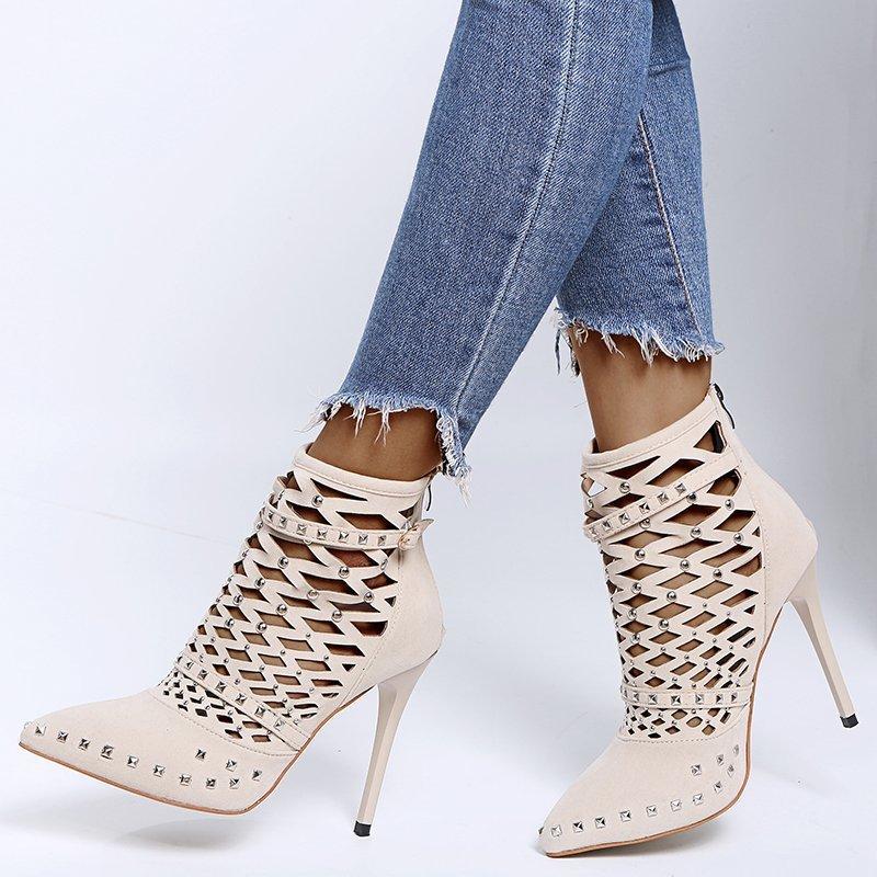 Gladiator Sandals Summer Spring Pointed Toe Rivets Studded Cut Out Caged Ankle Boots Stiletto Heel Women Shoes