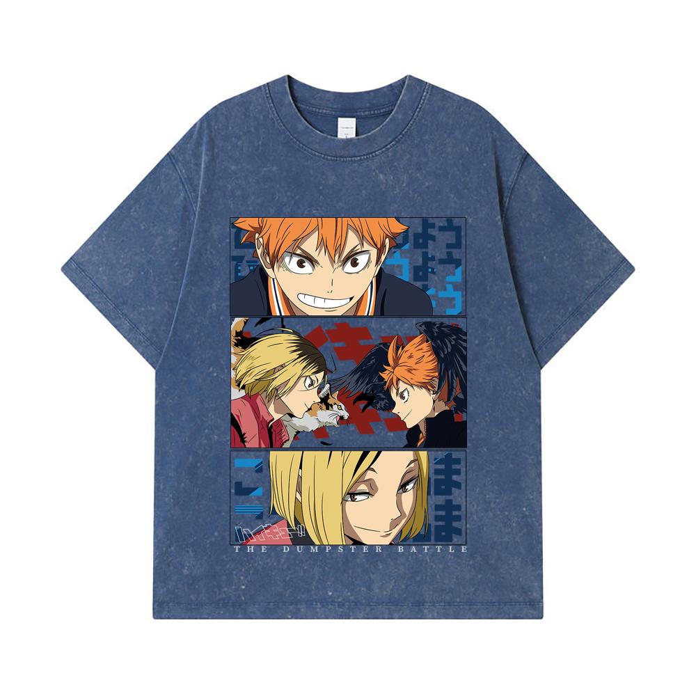 275 GSM Washed T-shirts 100% Cotton Haikyu V9 Dumpster Battle Print Unisex Heavy Cotton T Shirt