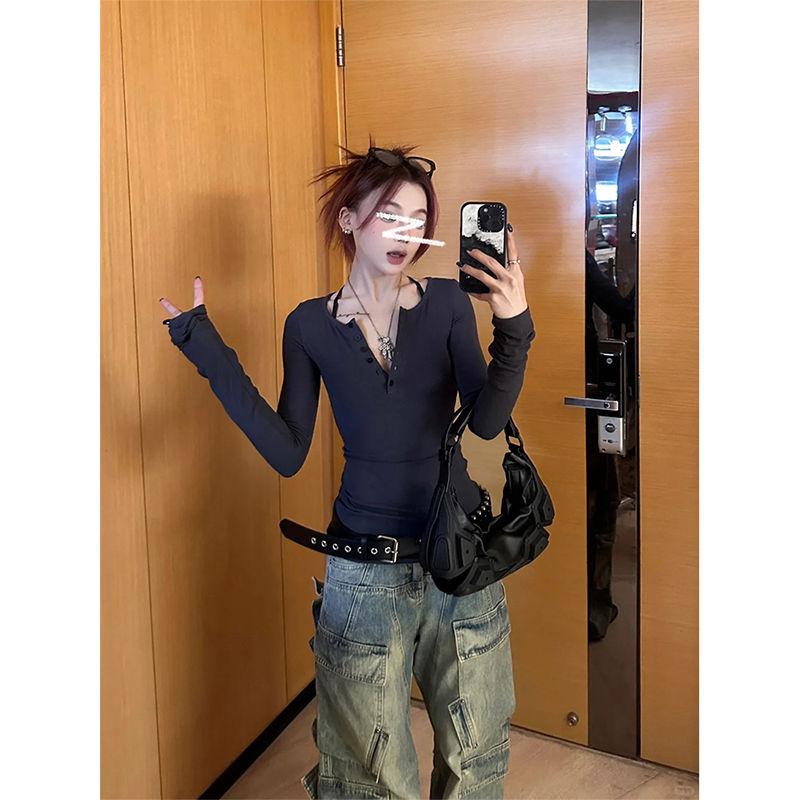 Футболка Karrcat Trashy Y2k Button T Shirt Grunge Aesthetics Black Ribbed Tops Gothic Vintage Harajuku Футболка с длинным рукавом American