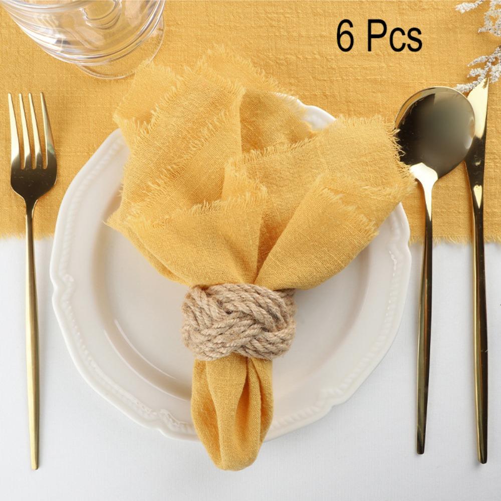 6PCS Rustic Style Burr Edge Cotton Napkin Tassel Design Gauze Tea Towel Wedding