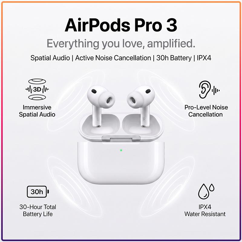Новые беспроводные TWS-наушники AirPods Pro 3 Pro-уровня шумоподавления 30 часов работы от аккумулятора IPX4 Водонепроницаемые Bluetooth-наушники
