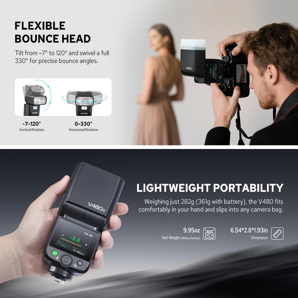 Godox Camera Flash for Olympus and TTL Second Recycle 650 Full Power LED Modeling X Second HSS V480-O Panasonic, GN50, Touchscreen, 1.7 Time, Flash,