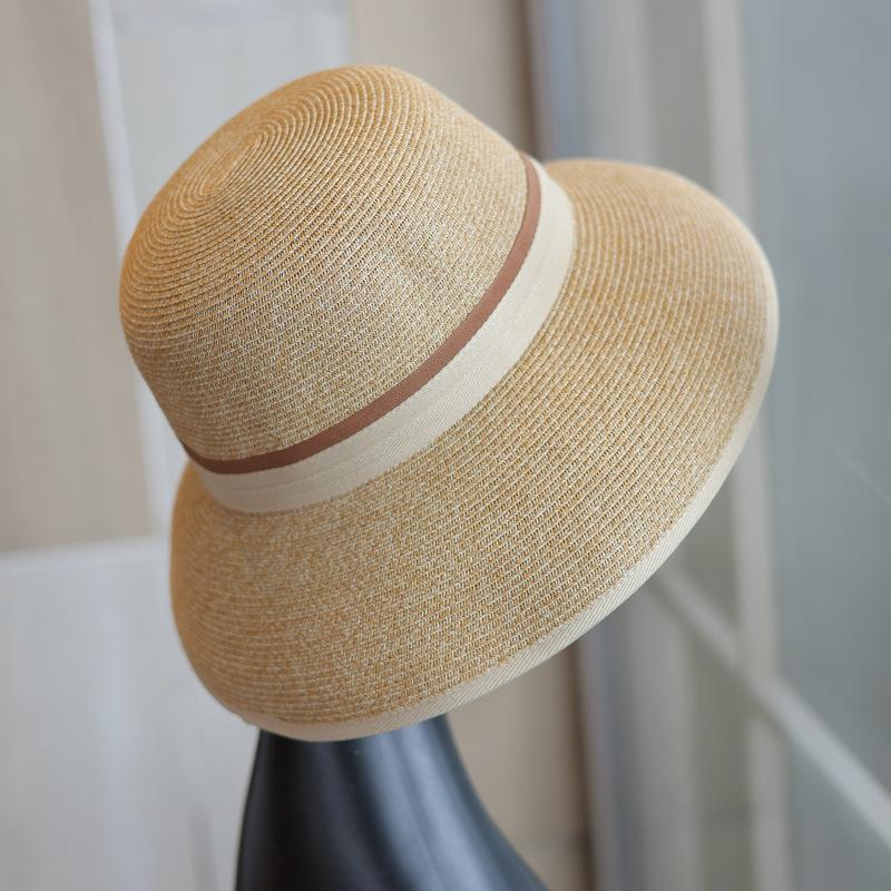 French Elegant M Standard Fashion Big Eaves Straw Hat Color Matching Ribbon Retro Casual Seaside Sunscreen Bell Basin Hat