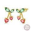 New 925 Silver Bee Butterfly Pink Lily Lotus Earrings for Women Cherry Apple Strawberry Ear Studs Elegant Party Jewelry