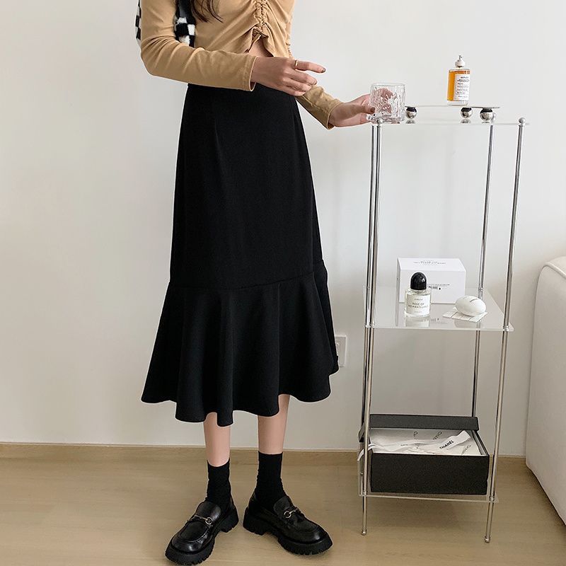Black Medium Length Fishtail Skirt for Women Plus Size Summer Thin Skirts Y2k Bottoms Fashions Female Korean Style Clothing