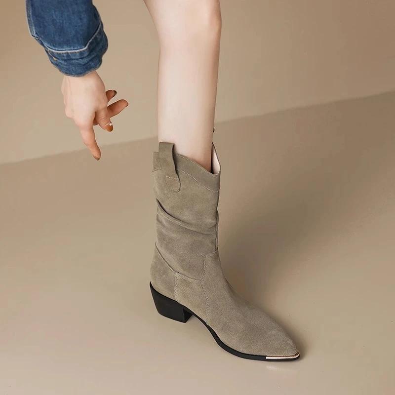 Real Cow Suede Mid-Calf Short Boots for Women Retro Pointed Western Denim Thick Heel Knight Boot Autumn Winter Gothic Shoe Botas
