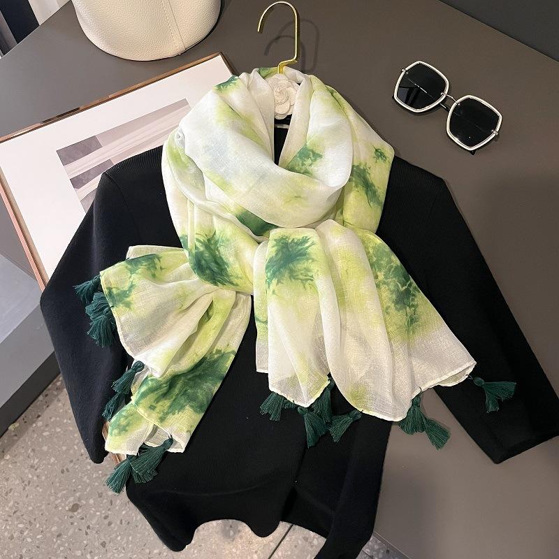 Plain Ombre Ink Painting Abstract Tassel Viscose Shawl Scarf Lady Tie-Dyed Wrap Pashmina Stole Bufandas Muslim Hijab 180*90Cm