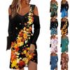 Women's V Neck Casual Knee Length Long Sleeve Print Long Dress Autumn