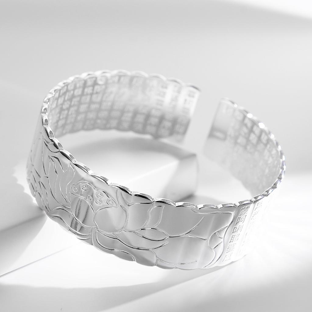 Wide Face Heart Sutra Bracelet, Female Opening Great Compassion Mantra Lotus Bracelet, Silver Jewelry, Birthday Gift