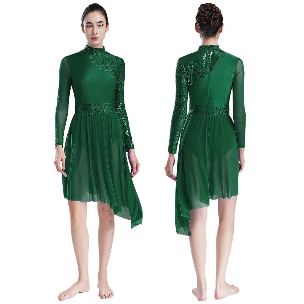Women Sparkly Sequins Modern Lyrical Dance Dress Long Sleeve Irregular Hem Dresses Performance Costume