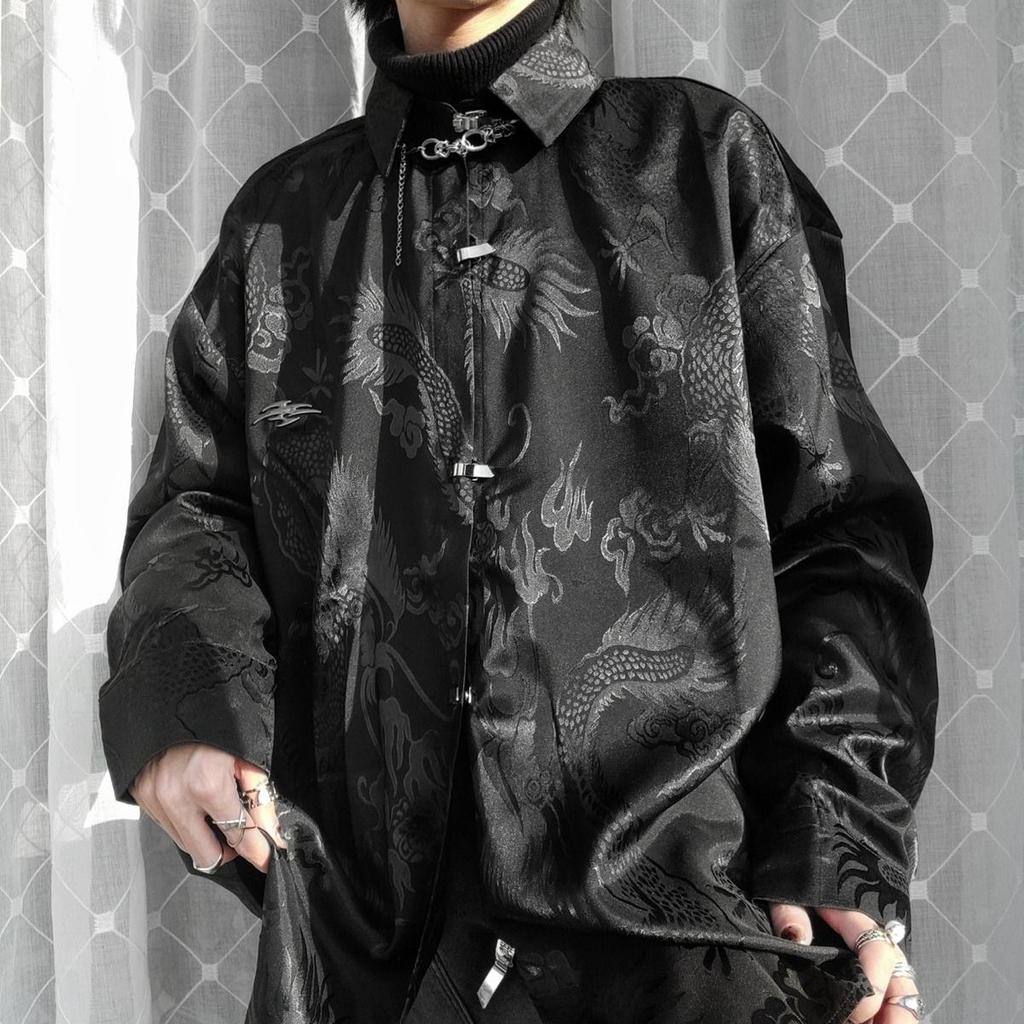 Винтажные блузки в стиле Харадзюку, женские уличные рубашки с принтом дракона большого размера, рубашки с длинными рукавами на пуговицах, трендовые топы в китайском стиле в стиле панк