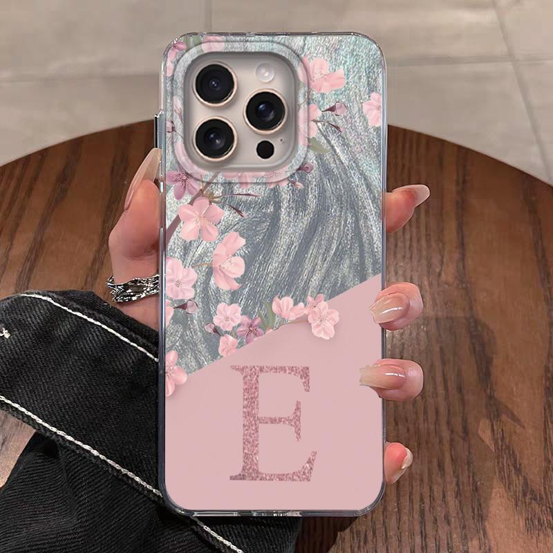 Чехол для iPhone 16 Pro Max 15 13 14 Plus 5G Чехол для телефона Буква A-Z Розовые Цветы Для iPhone 17 Air Ударопрочный Парный Жесткий Задний