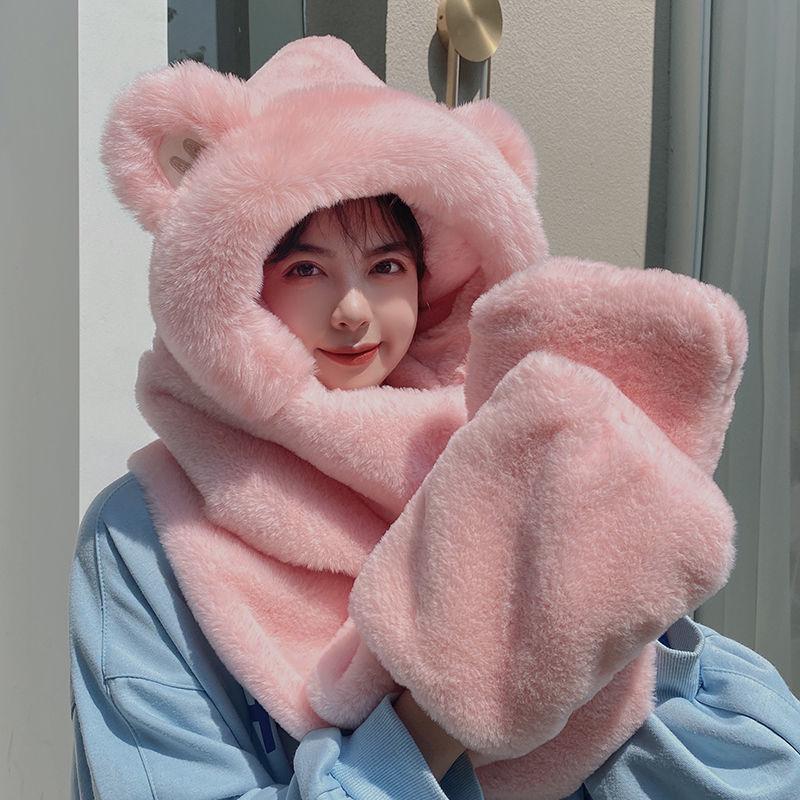 Bear Hat Scarf One-piece Female Cute All-match Winter Thickening Warm Plush One-piece Hat