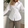 French Women's Resort Style POLO Collar Long-sleeved Single-breasted Waisted Versatile Cardigan Shirt