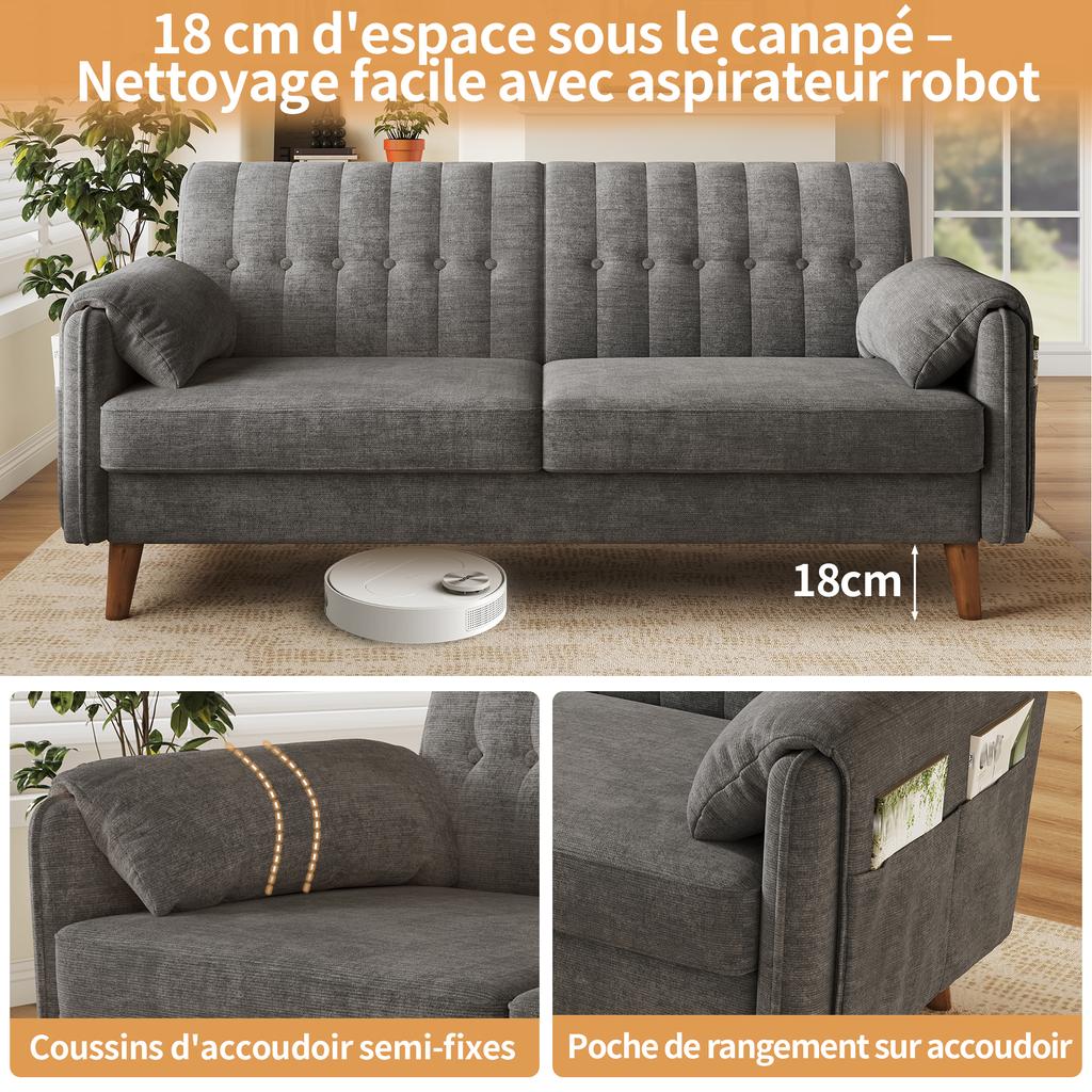 Modern 2-Seater Sofa in Chenille with Thick Seat Cushion, Tufted Backrest, 2 Armrest Cushions; Solid Wood Legs, Easy to Assemble, Light Grey