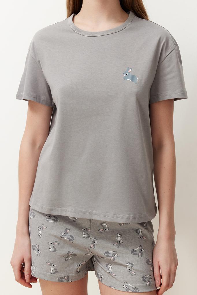 Women's Fashion New Pajama Set Gray Cotton Rabbit Pattern Knitted Pajama Set