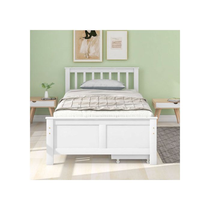 Lit en bois - MUVOE - 90x200 cm - Blanc - Avec tiroirs de rangement - Style classique