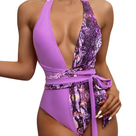 Deep V-neck Long Bandage Padded Sexy Monokini Women Snakeskin Patchwork Print