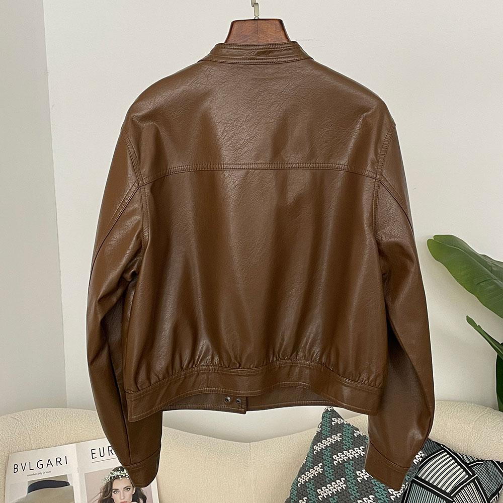 OFTBUY Женская винтажная свободная короткая куртка из искусственной кожи с карманами, мотоциклетная куртка, женская молния, ретро-байкерское пальто, верхняя одежда, топы