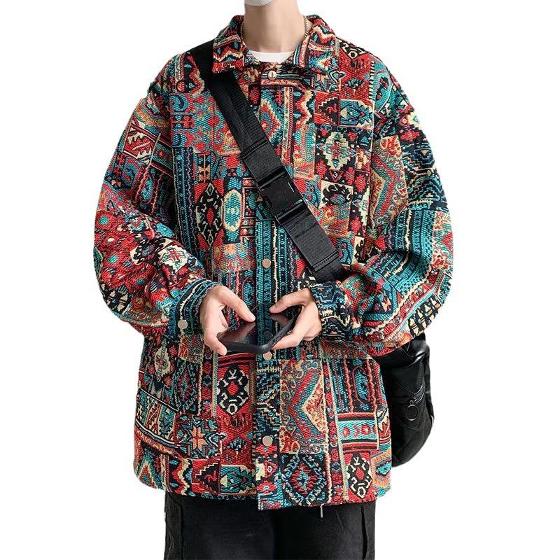 Men's Korean-Style Jacquard Casual Jacket - Autumn/Winter Ethnic Yarn-Dyed Loose Fit