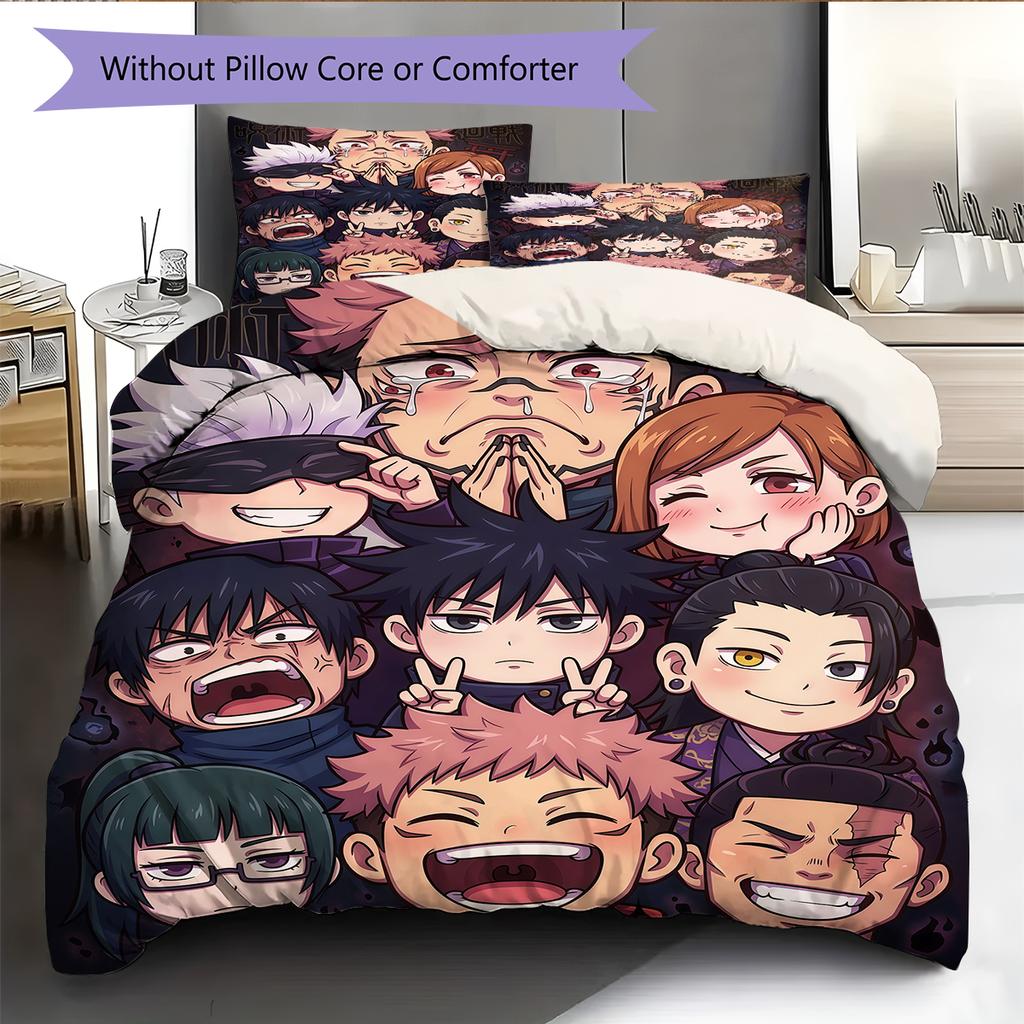Jujutsu Kaisen Chibi Character Pattern Bedding Home Decoration Festival Gift (1 * duvet cover + 2 * pillowcase, without core)
