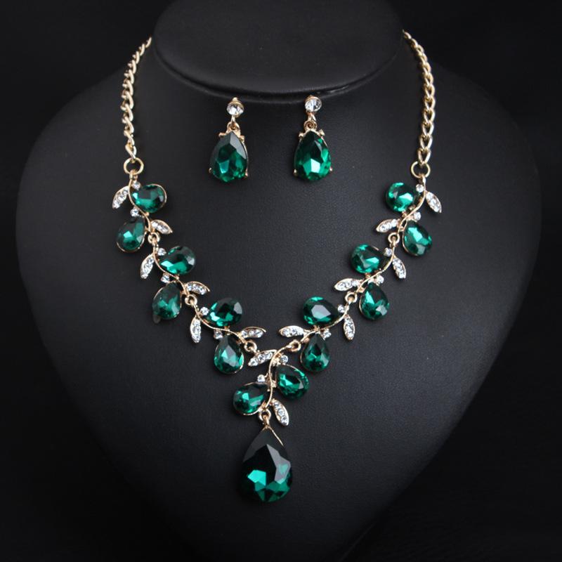 Crystal Gem Leaf Necklace Earrings Set Fashion Women'S Accessories