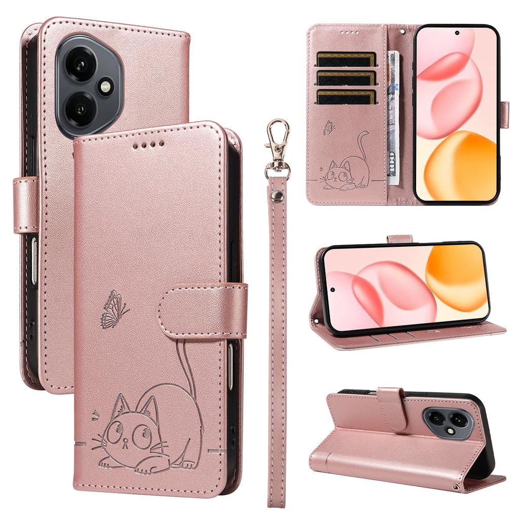 Для Honor 400 5G (Глобальный) Чехол Кошачий узор Тиснение Кожаный Чехол для телефона с ремешком на запястье