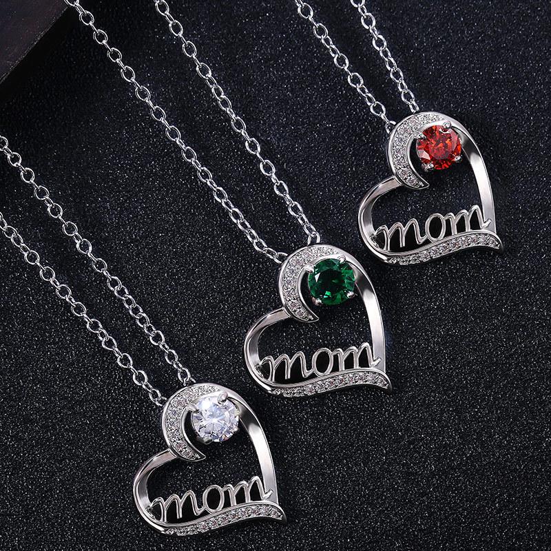 Серебряный полый кулон-сердце с буквами MOM, ожерелье с большим круглым кристаллом CZ, подарок маме, ожерелье на День матери, женские украшения