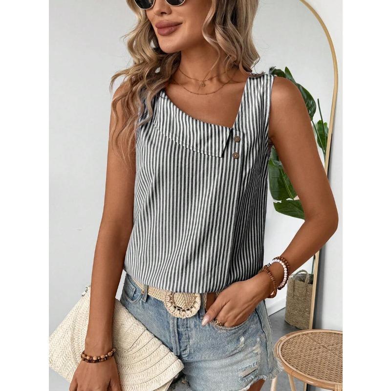 New Women's Casual Sleeveless Striped Top T-shirt with A Slanted Collar