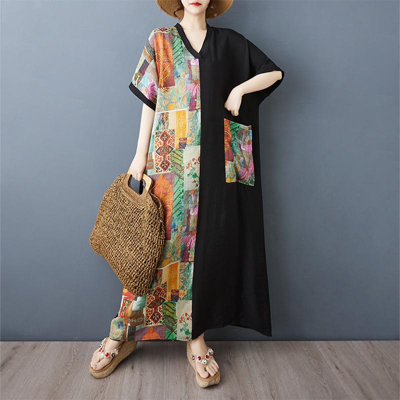 Dimanaf Женское летнее новое платье 2025 года больших размеров, повседневное платье с V-образным вырезом, свободное длинное платье с принтом, винтажное платье макси