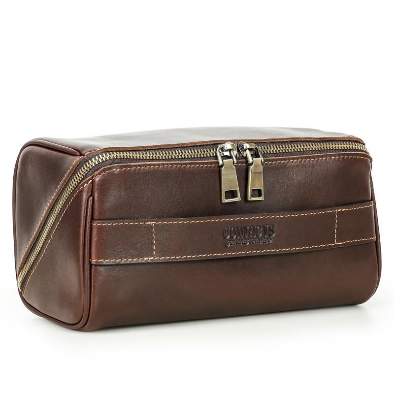 Full-Grain Genuine Leather Toiletry Bag Travel Makeup Electronics Storage Zipper Unisex Portable Organizer